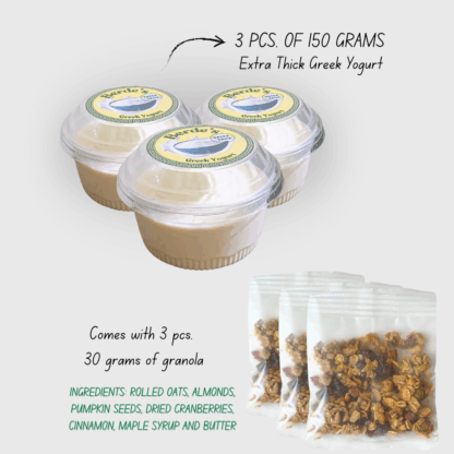 Extra thick plain Greek yogurt in 150g cups with granola packs